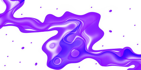 Abstract design dynamic splash of purple liquid. Liquid mass has a flowing, irregular shape with swirling, transparent details, and is surrounded by smaller, scattered droplets transparent background