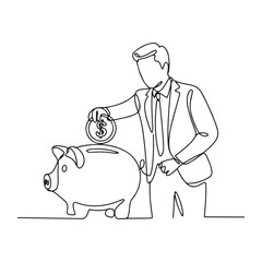 Single continuous line Art drawing businessman putting dollar coin into piggy bank. with white background