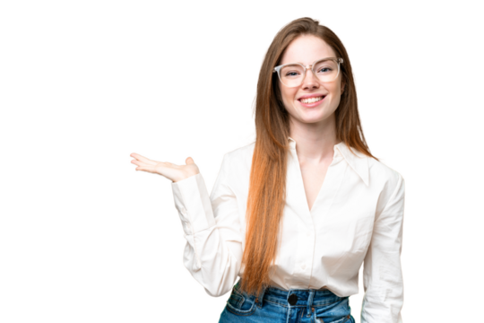 Young pretty woman over isolated chroma key background holding copyspace imaginary on the palm to insert an ad - Powered by Adobe