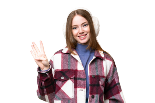 Young pretty woman wearing winter muffs over isolated chroma key background happy and counting four with fingers