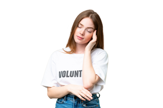 Young volunteer woman over isolated chroma key background with headache