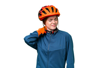 Young cyclist woman over isolated chroma key background with neckache