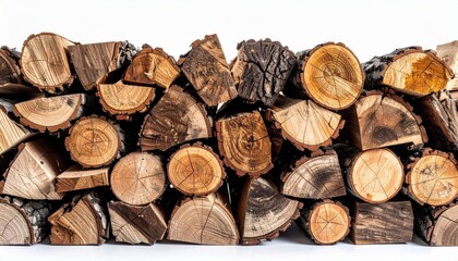Neatly Stacked Firewood Logs Displaying Texture and Natural Color Variations on a White Background