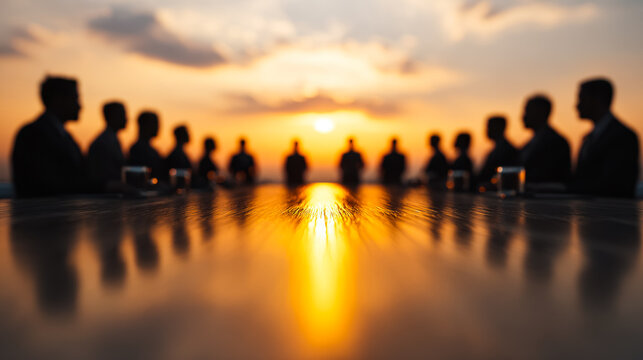Silhouettes of business people gathered around a conference table during a warm sunset with a reflective wooden surface glowing in the center - Powered by Adobe