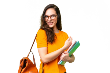 Young student caucasian woman over isolated background pointing back