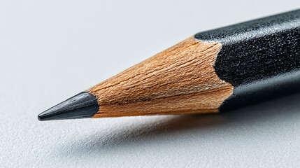 A sharp graphite pencil tip made of wood, poised to write or draw on a white surface.