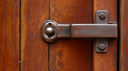 Fototapeta premium Close-up of a weathered, metallic latch securing a textured wooden door, showcasing aged hardware and warm wood tones in detailed view.