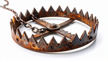 Rusty bear trap with jagged teeth and chain, symbol of danger and entrapment.