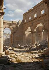 Ancient ruins with arches and broken stones under cloudy sky