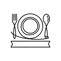 Single continuous line Art drawing stylized plate, fork and spoon for cafe logo label. Emblem elegant restaurant concept. with white background
