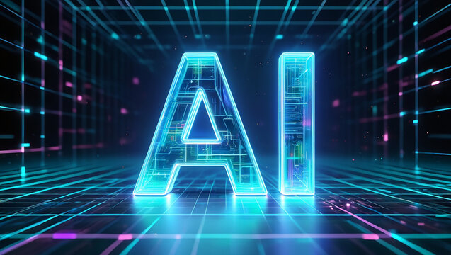 Harness the power of AI with this futuristic illustration featuring glowing letters on a digital circuit board.