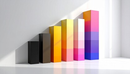 Minimalist bar graph with four colored prisms on white background.