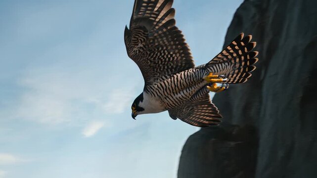 A peregrine falcon mid-descent, showcasing incredible speed and sharp talons, a dynamic portrayal of natural predatory grace in the wild