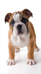 Cute bulldog puppy standing on white background. 
