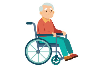 Smiling Caucasian senior man sits thoughtfully in a teal wheelchair while wearing red shirt