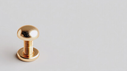 Close-up of a shiny brass or gold-colored threaded bolt with a flat, round head on a light background.