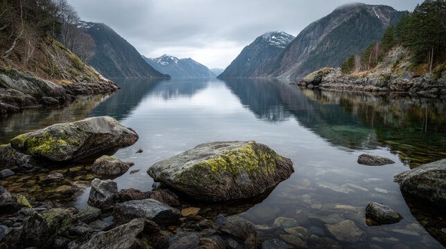 A scenic view of a calm lake surrounded by mountains under a cloudy sky in nature