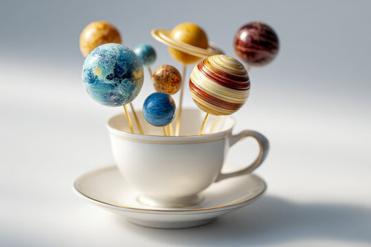 Creative miniature solar system models on sticks arranged inside a porcelain teacup with saucer, symbolizing the universe in a delicate and artistic presentation