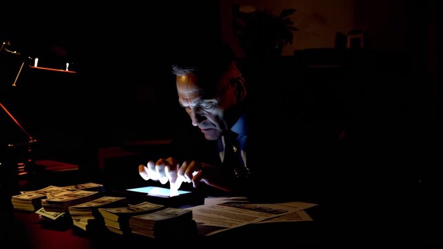 Man placing online bets on tablet in dark room, stacks of cash surrounding him