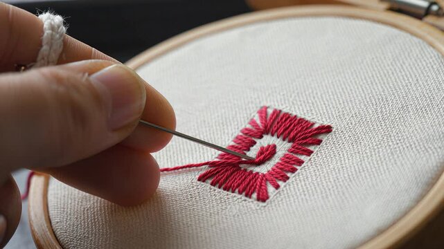 Close-up of a person's hands expertly embroidering a geometric red pattern onto white fabric using a needle and thread in a hoop, showcasing intricate needlework and craftsmanship in a hobby setting