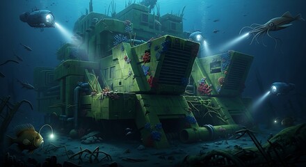 Futuristic robotic submarines exploring a mysterious deep sea shipwreck.