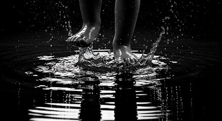 Monochrome capture showcasing child's feet playfully splashing in water