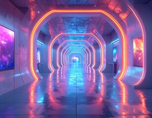 Neon-Lit Futuristic Gallery Corridor