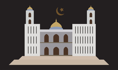 A mosque, for Muslims, featuring a dome and two minarets, with the crescent moon and star symbol for Islamic celebrations, particularly Eid al-Fitr and Eid al-Adha. 