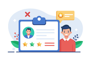 Flat vector illustration of a hand holding a review card with three stars, symbolizing customer feedback, service quality, product rating, client satisfaction, and business credibility. Perfect for we