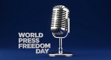 Celebrating world press freedom day with a vintage microphone on dark blue background