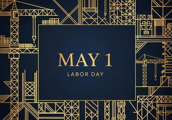 May 1 labor day celebration: golden construction theme design for posters and cards