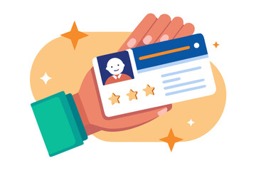 Flat vector illustration of a hand holding a review card with three stars, symbolizing customer feedback, service quality, product rating, client satisfaction, and business credibility. Perfect for we