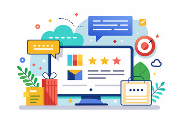 Flat vector illustration of a hand holding a review card with three stars, symbolizing customer feedback, service quality, product rating, client satisfaction, and business credibility. Perfect for we