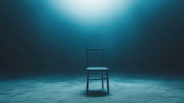 An empty chair in the middle of a deserted room, dimly lit with a cold blue hue on blurred background