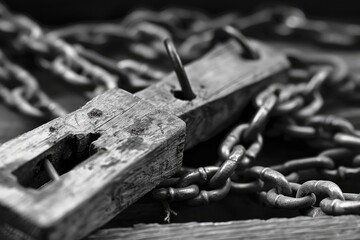 Close-up of an aged wooden locking mechanism intertwined with rusty chains on a weathered surface