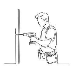 One continuous line Art drawing of young handsome handyman drilling wooden wall using drill machine. with white background