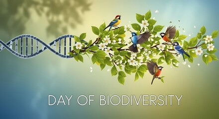 Day of biodiversity celebration with dna helix and colorful birds among blossoming branches