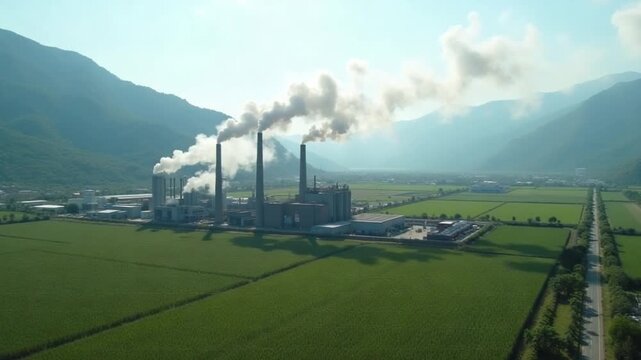 Aerial footage of a sugarcane factory emitting smoke, surrounded