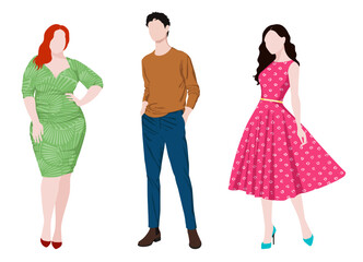 1575_Vector fashion illustration of two young beautiful women of different body types and handsome young man