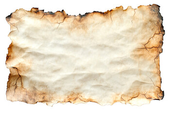 Fototapeta premium Ancient parchment paper shows scorched edges with visible cracks on transparent background