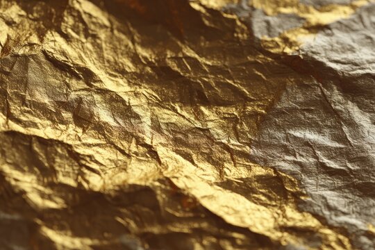 Close-up of crumpled gold foil texture showcasing intricate patterns and reflections in natural light - Powered by Adobe