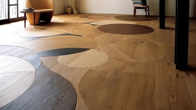 Intricate wood parquet flooring displays an abstract design with flowing curves and circles.