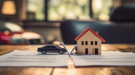 Divorce papers with a house and car icon split down the middle, on blurred background