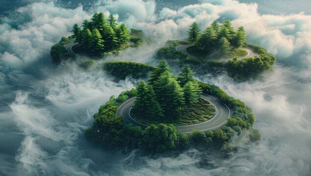Aerial view of winding roads through lush green islands amidst swirling fog and ocean waves