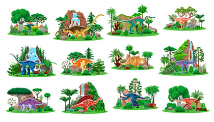 Prehistoric dinosaur characters of cartoon dino animals and reptiles. Vector jungle nature landscapes set with jurassic dinosaurs, jungle forest trees, mountains, waterfalls and green plants © Vector Tradition