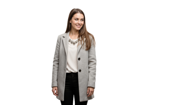 Young woman in a stylish gray coat poses with a smile in a minimalistic setting during a casual indoor session