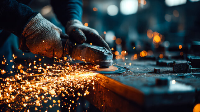 Worker polishing metal with grinding tool, sparks flying in industrial workshop