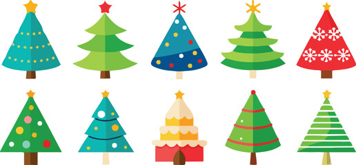 Naklejka premium Christmas Tree Icon Set – Colorful Holiday Vector Collection of 10 Festive Designs