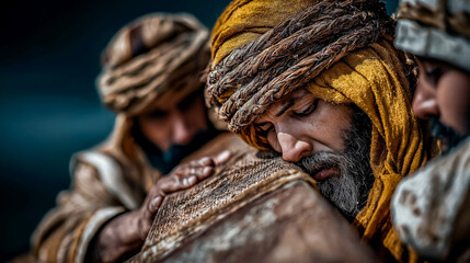 Men taking down body from cross with reverence at twilight