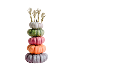 Tower of colorful pumpkins with skeleton hands, isolated on transparent background